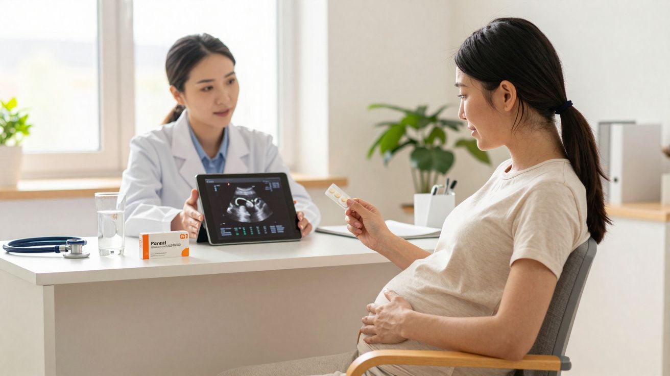 Mulher grávida consulta médica com médica que mostra ecografia num tablet, em ambiente clínico iluminado.