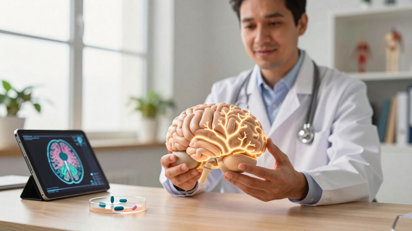 Médico com bata branca segura modelo anatómico de cérebro, com tablets numa placa de petri e imagem cerebral em ecrã.