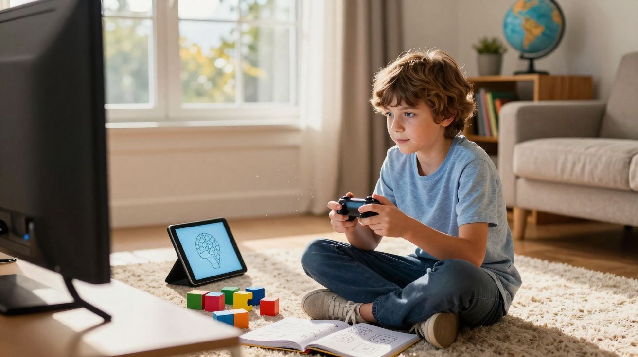 Criança sentada no chão a jogar videojogos na televisão, com livro e blocos coloridos à frente.