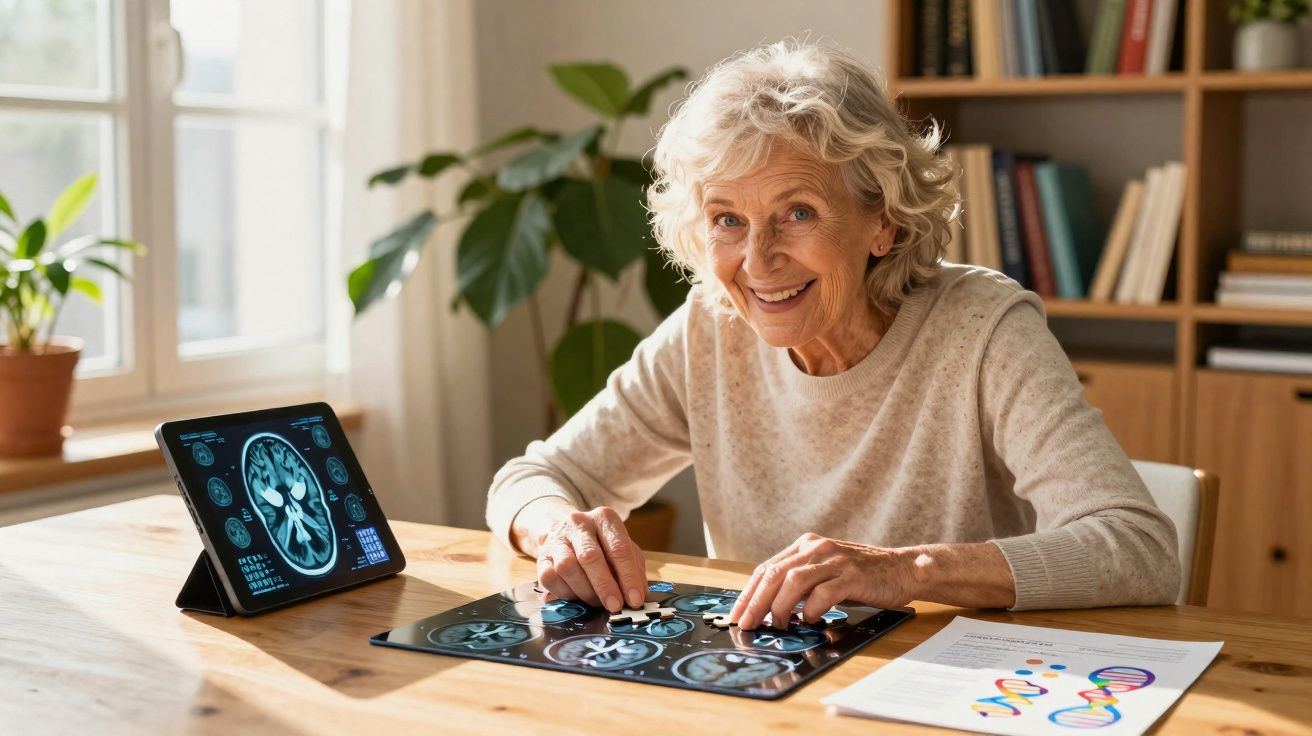 Mulher idosa sorridente a montar puzzle de imagens cerebrais numa mesa com tablet e gráficos ao lado.