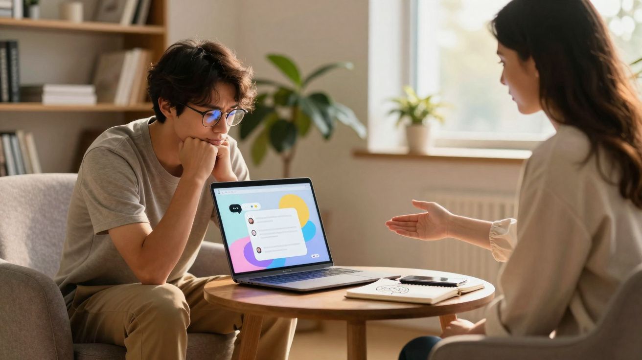 Duas pessoas sentadas à mesa, uma a mostrar mensagens no computador portátil à outra.