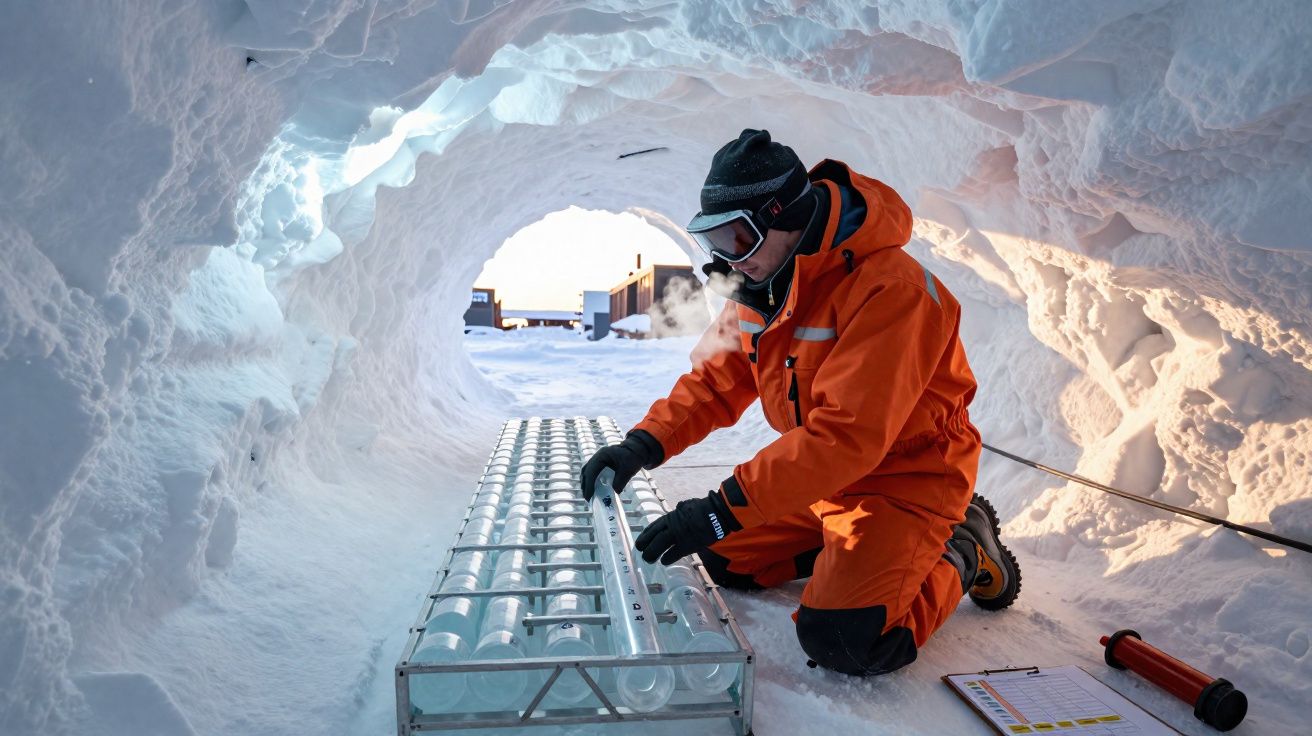 Pessoa de fato laranja a trabalhar num túnel de gelo, manuseando equipamento científico no chão coberto de neve.