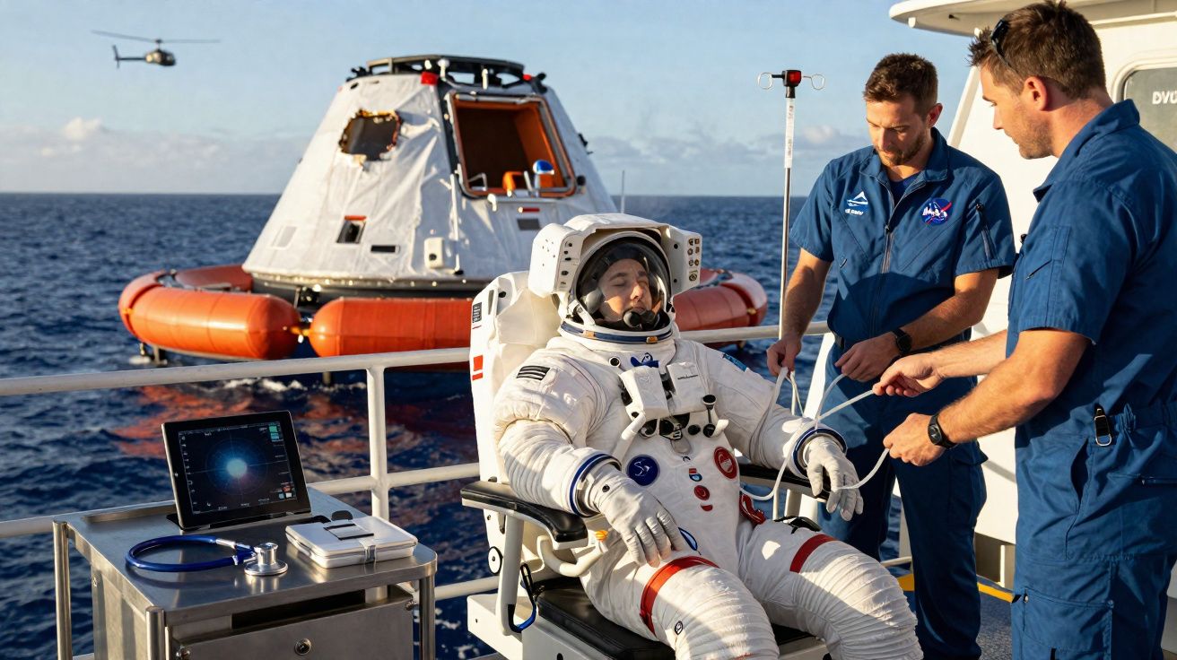 Astronauta em fato espacial sentado num barco com equipa de apoio e cápsula flutuando no oceano ao fundo.