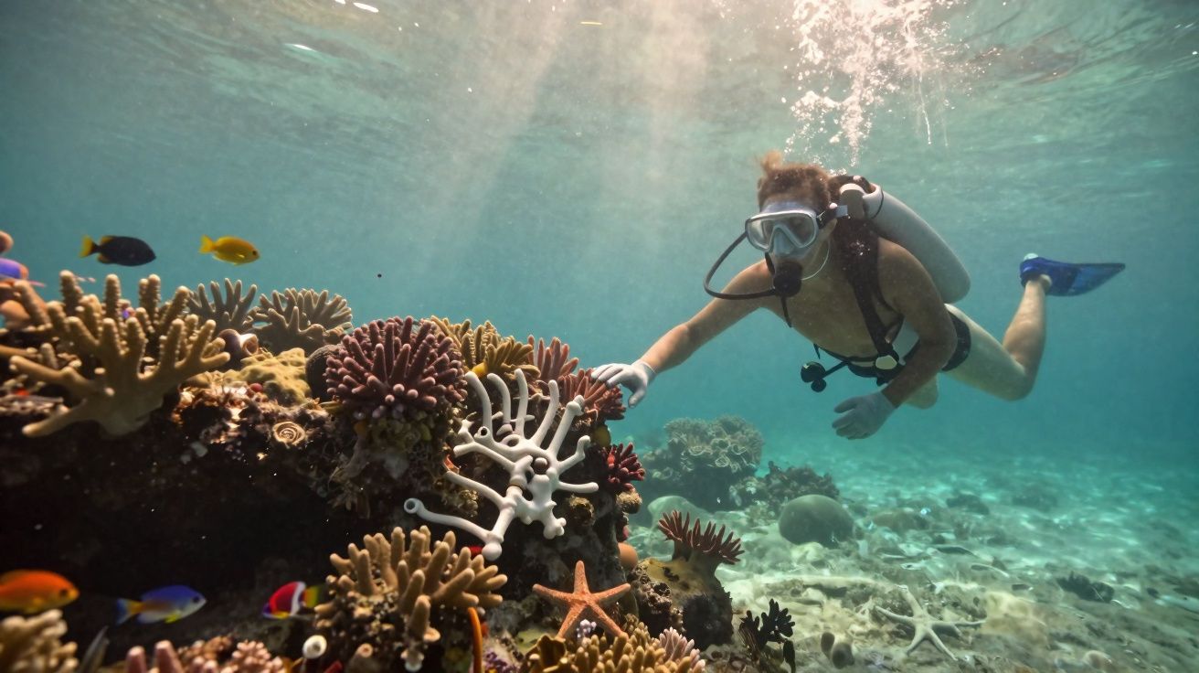 Mergulhador explora recife de corais com peixes coloridos nas águas claras do oceano.