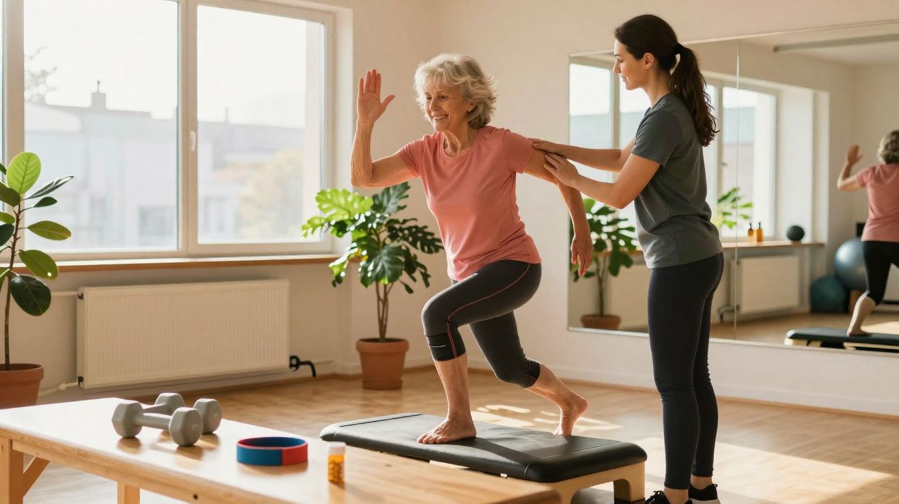 Senhora idosa faz exercício de equilíbrio com apoio de instrutora num estúdio iluminado.