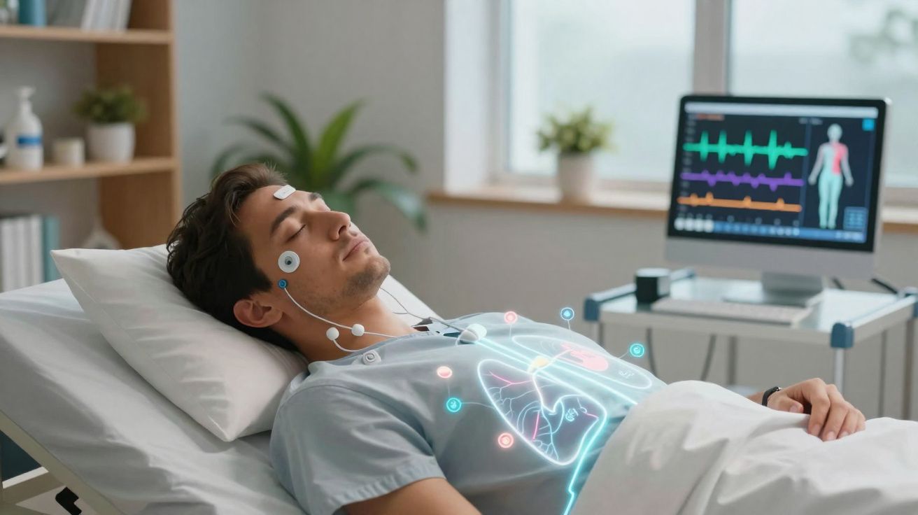 Homem deitado a fazer exame médico com monitorização cardíaca e representação digital dos pulmões.