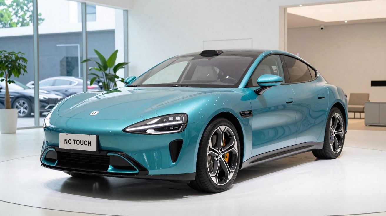 Carro elétrico desportivo azul turquesa exposto num salão com placa "NO TOUCH" à frente.