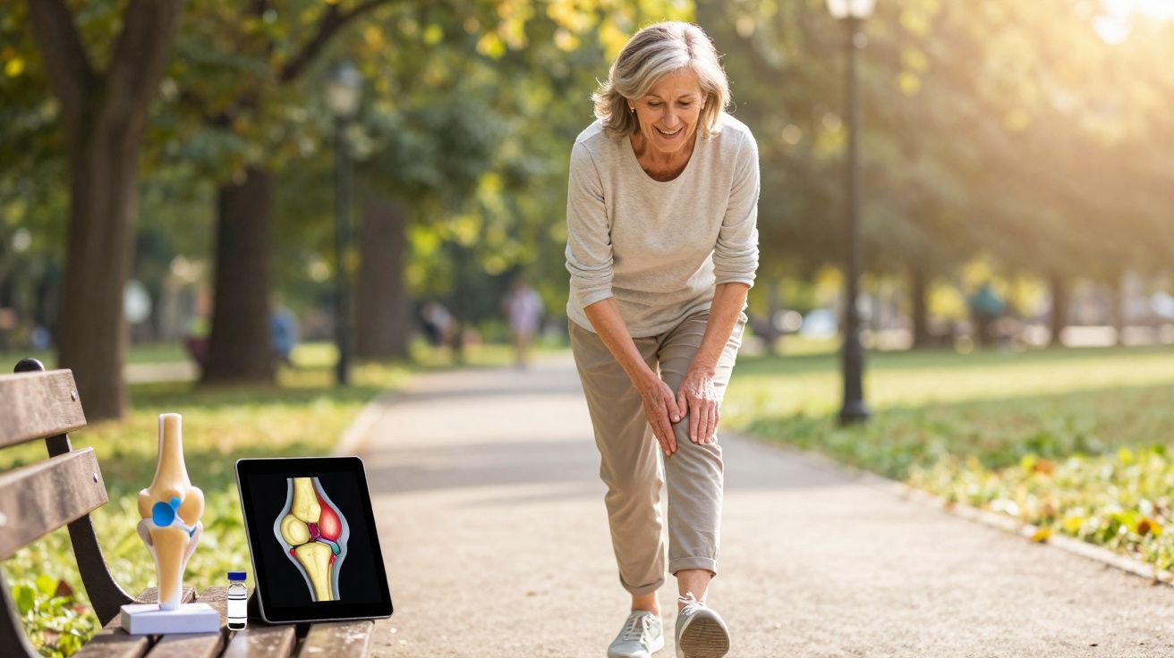 Mulher sénior com dor no joelho, parque ao ar livre, com modelo de articulação e medicação no banco.
