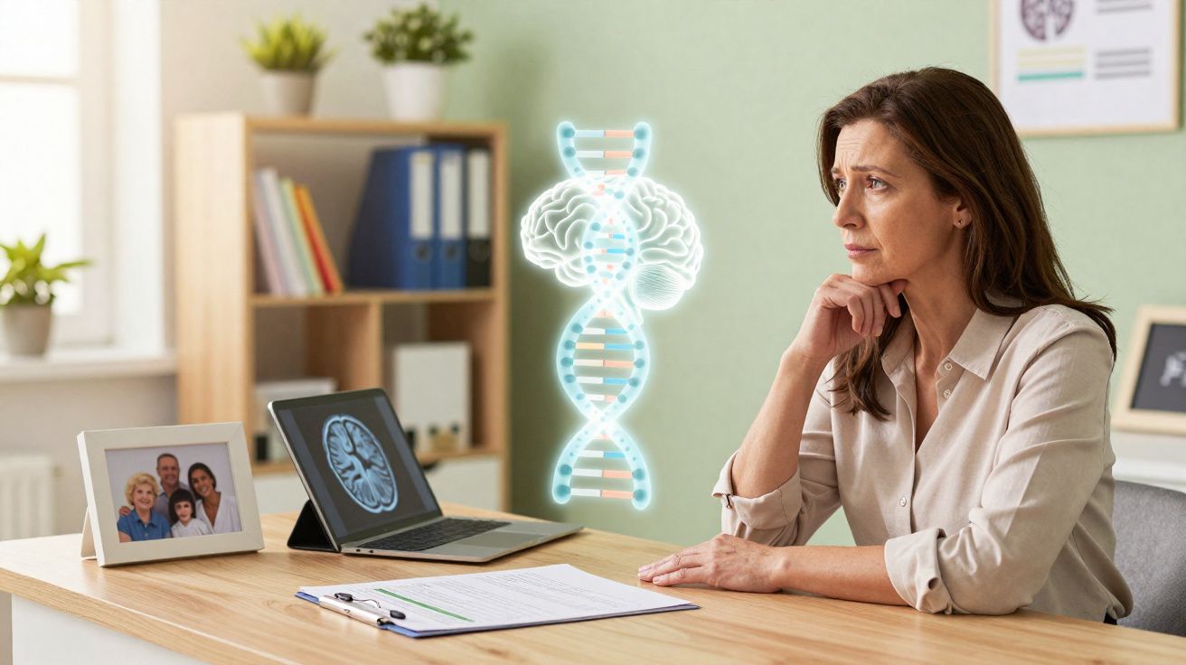 Mulher pensativa sentada numa mesa com holograma de DNA e cérebro, num consultório médico.