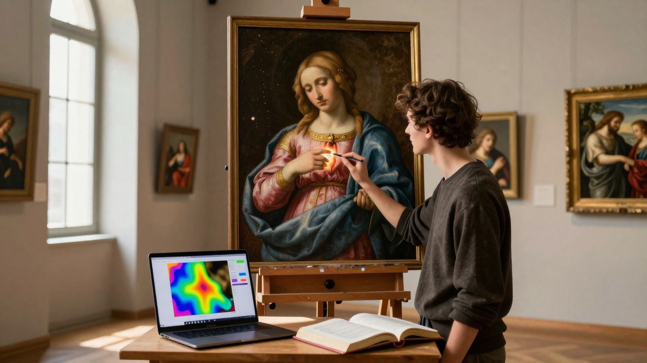 Pessoa a analisar quadro religioso antigo com ferramenta digital e laptop numa sala de exposição de arte clássica.