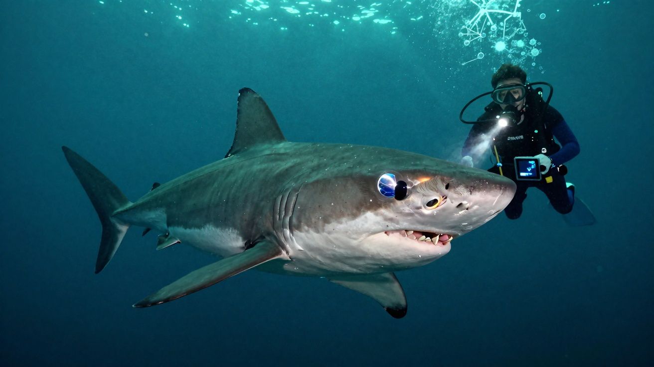 Mergulhador equipado a fotografar um tubarão tigre debaixo de água num ambiente marinho.