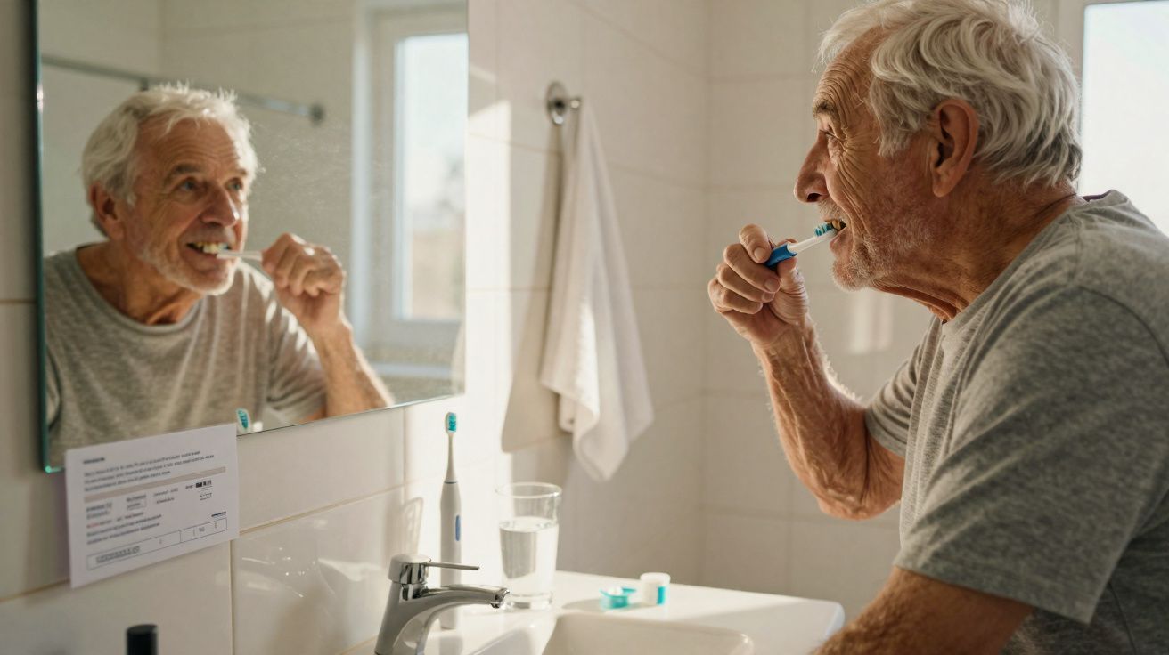 Homem idoso a escovar os dentes em casa de banho iluminada, olhando para o espelho.