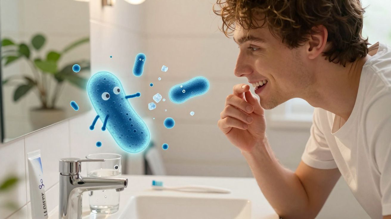 Homem a olhar para bactérias animadas junto a uma pia de casa de banho moderna.