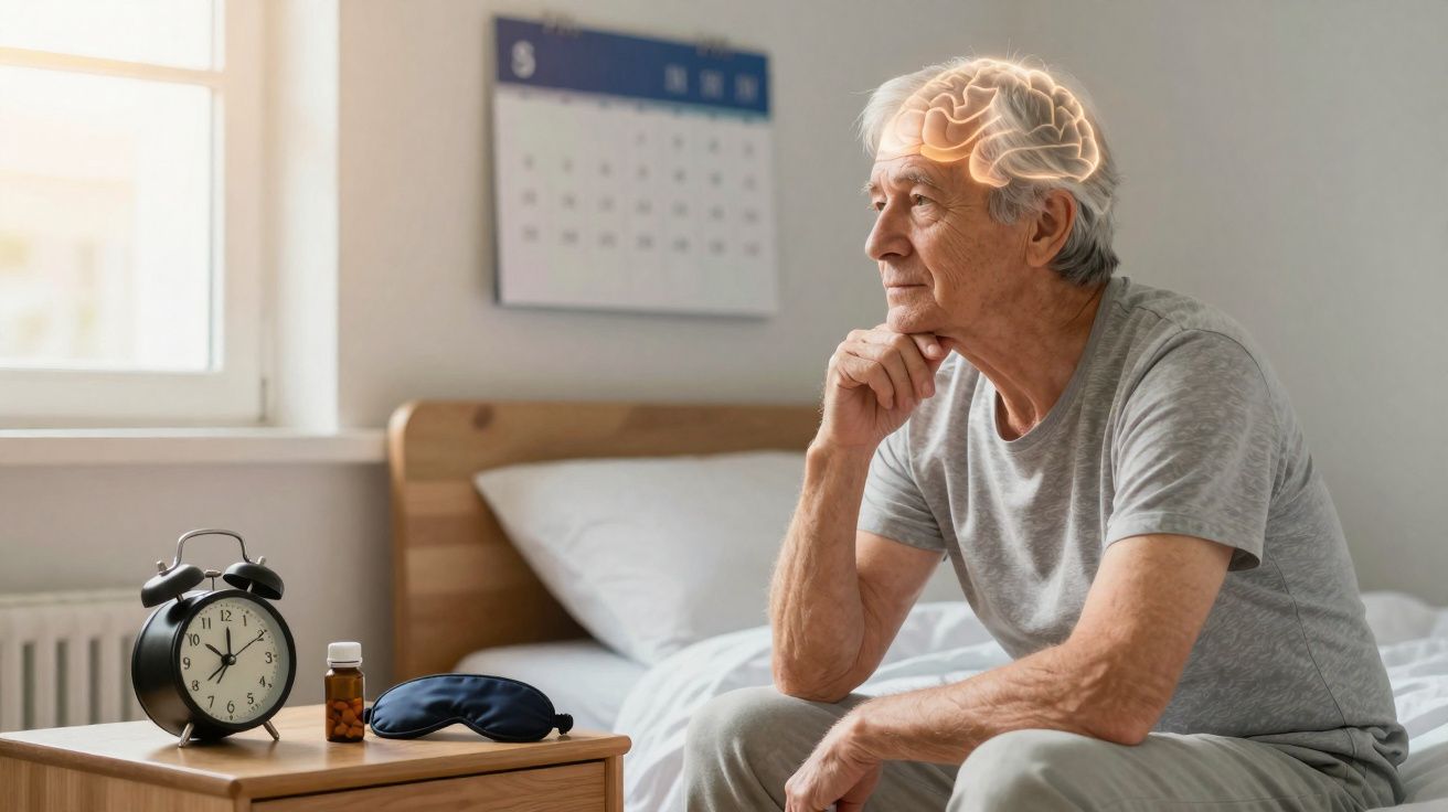 Homem idoso sentado na cama a olhar para a janela com ilustração do cérebro visível na cabeça.