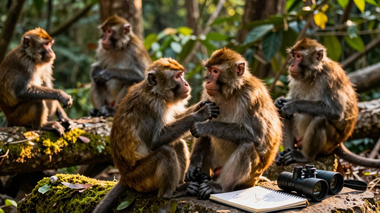 Grupo de macacos sentado em troncos na floresta junto a um caderno e binóculos.