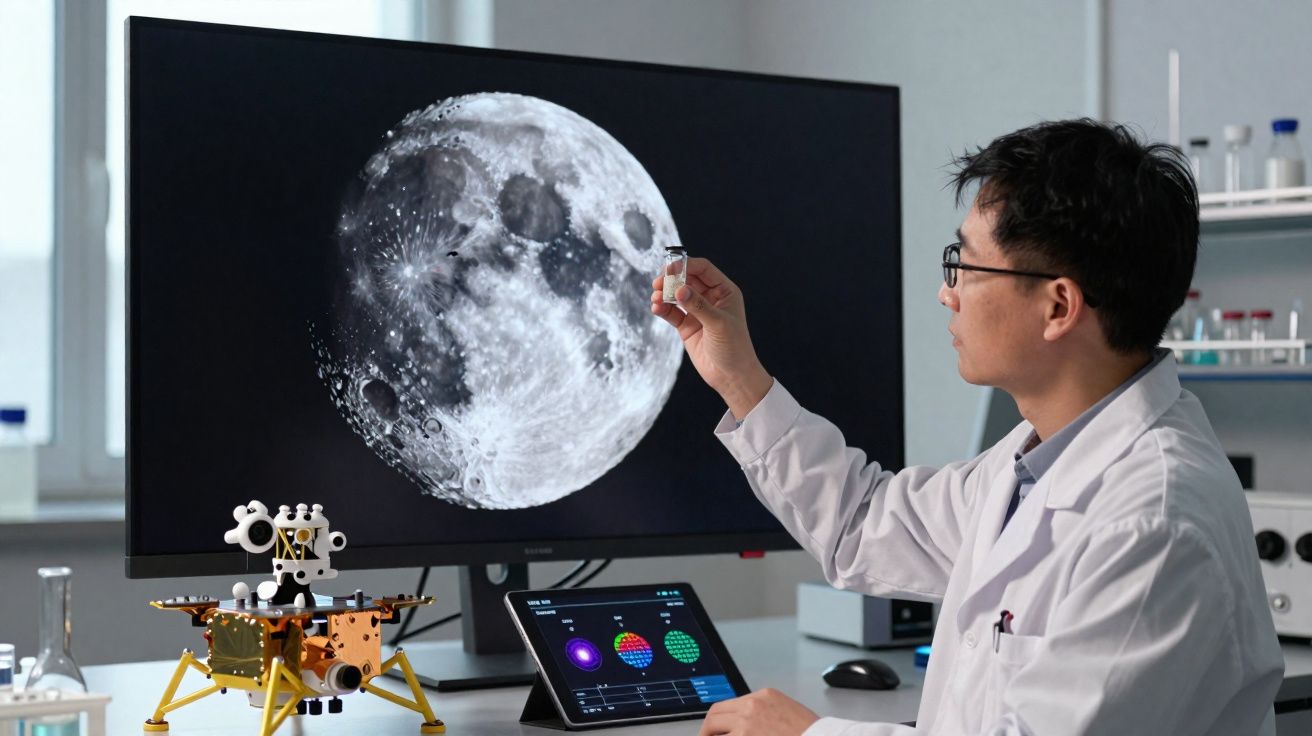 Cientista em laboratório analisa amostra com imagem da Lua numa grande ecrã digital ao fundo.
