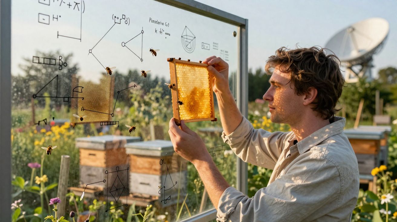 Homem analisa favo de mel perto de colmeias com esquemas matemáticos em vidro transparente.