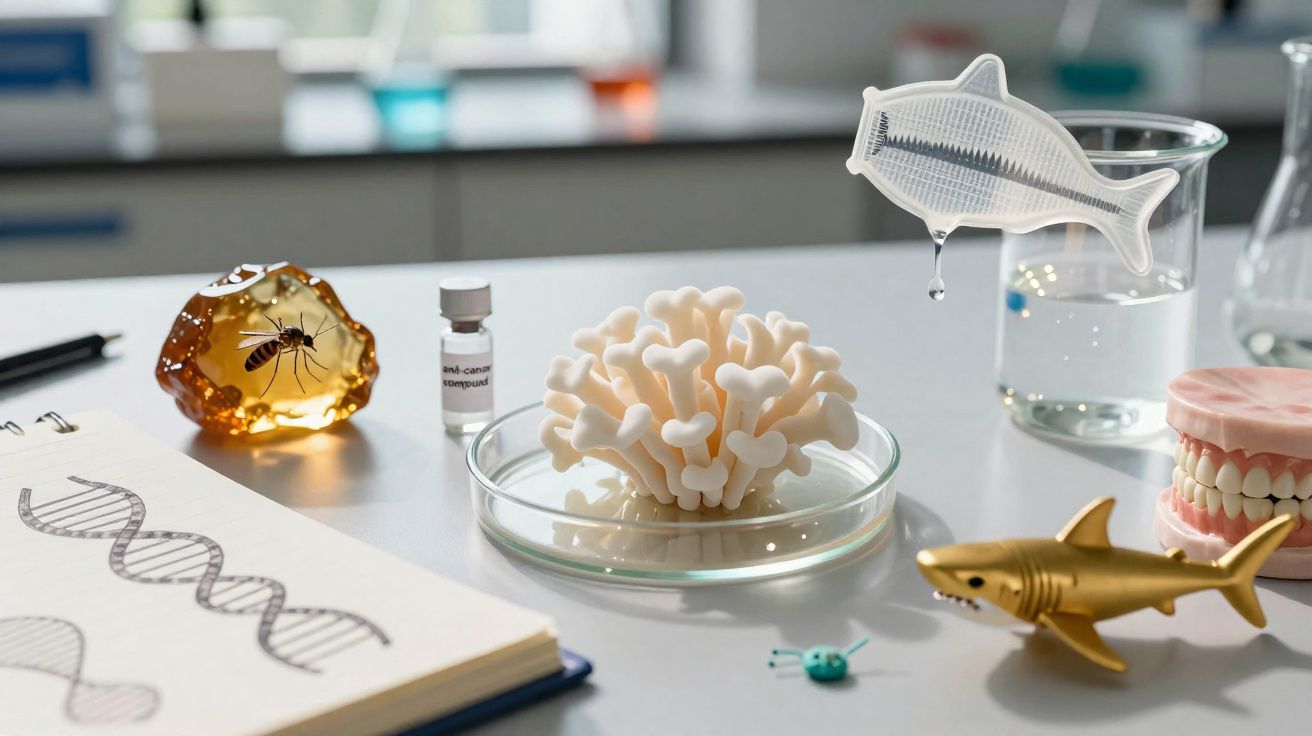 Mesa de laboratório com amostra de coral em placa de Petri, amostra de âmbar com inseto e modelos diversos.