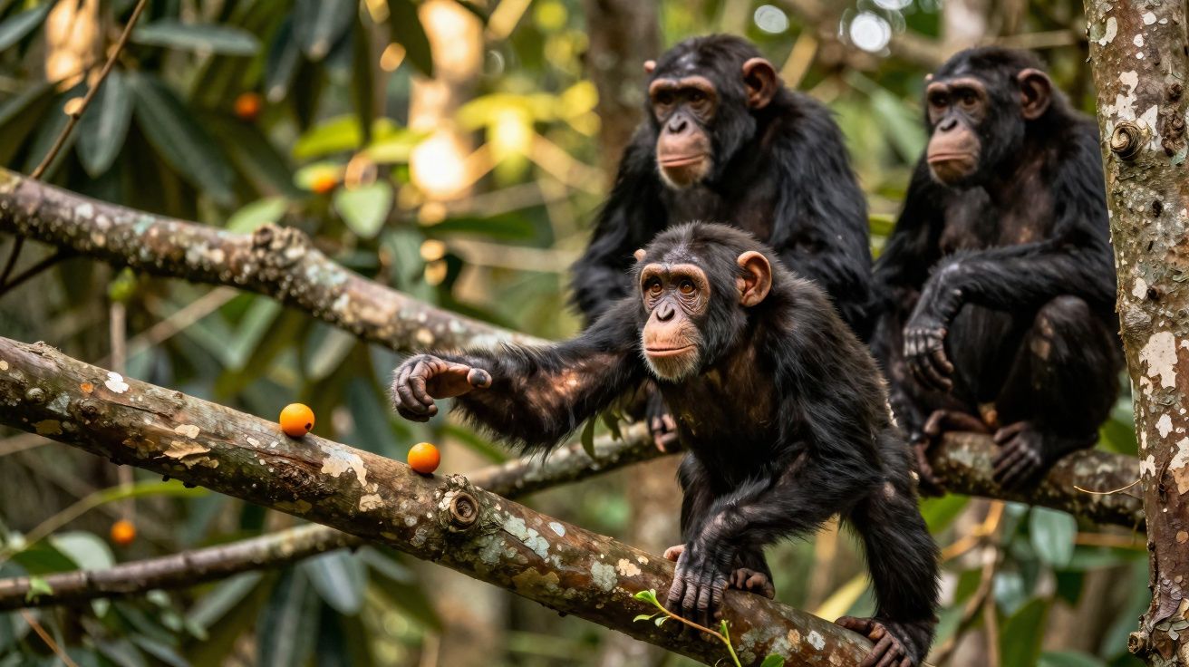 Três chimpanzés sentados e agarrados a ramos de árvore numa floresta com frutos laranja.