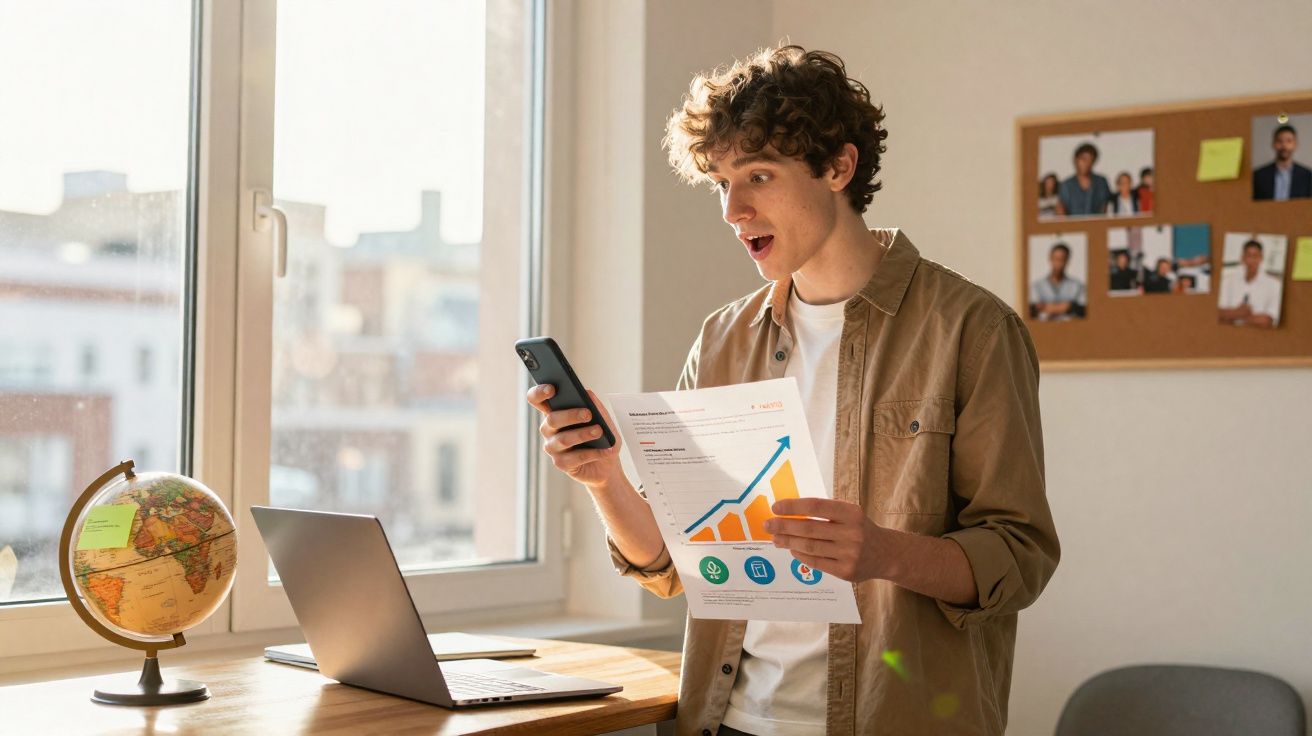Jovem espantado a olhar para o telemóvel segurando gráfico em papel numa sala iluminada com laptop e globo terrestre.