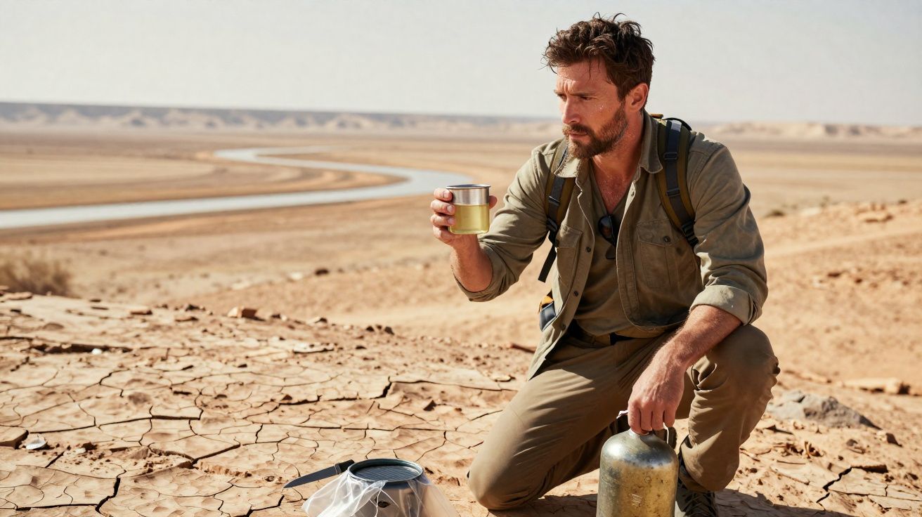 Homem com mochila agachado em solo seco do deserto, olhando para copo com líquido amarelo nas mãos.