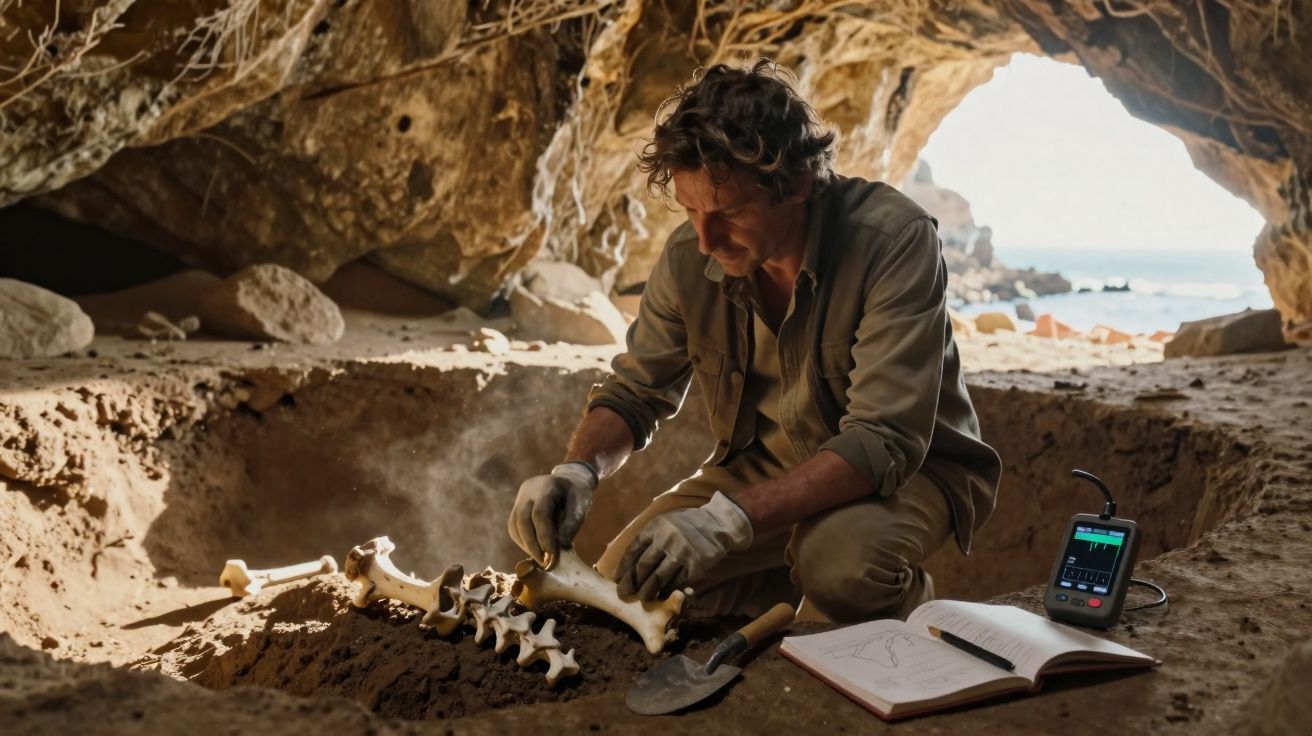 Arqueólogo escava e examina ossos humanos numa caverna perto da praia com equipamentos e caderno aberto.