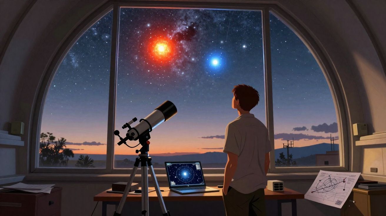 Jovem observa estrelas brilhantes no céu a partir de uma sala com telescópio e computador.