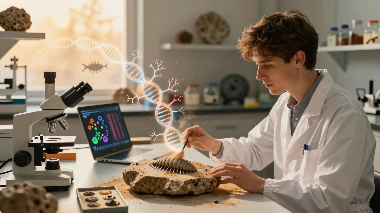 Jovem cientista em laboratório escava fóssil enquanto holograma de DNA surge no ar ao lado.