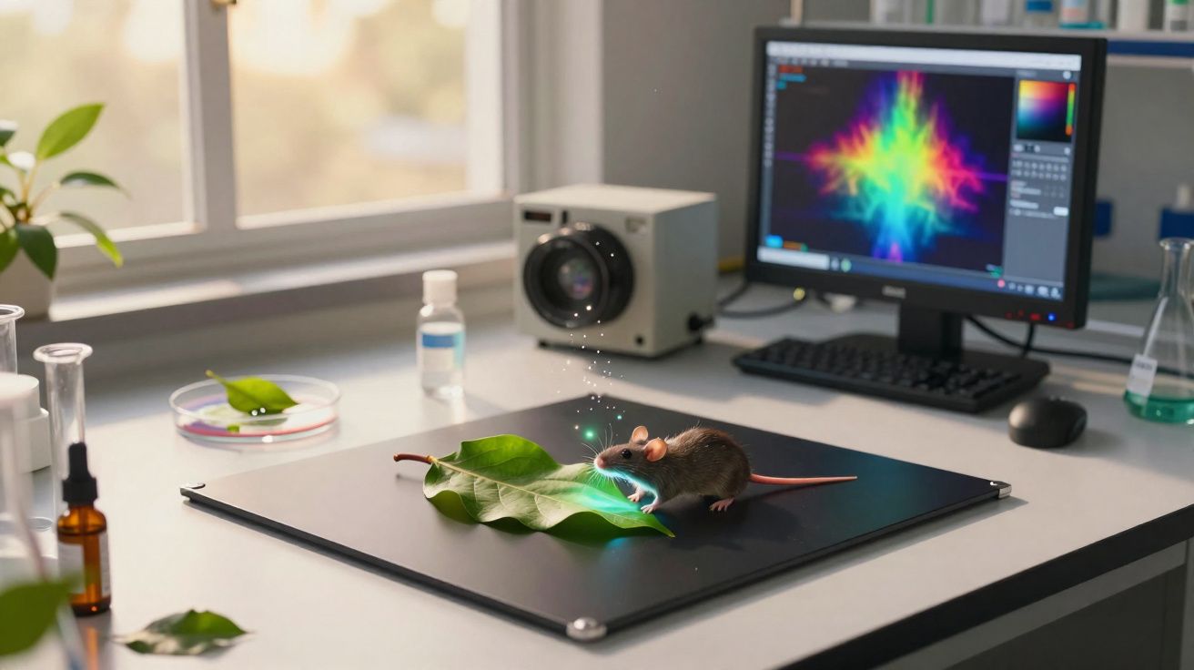 Rato em laboratório sobre folha com luz azul, ao lado de monitor com gráfico colorido e equipamento científico.