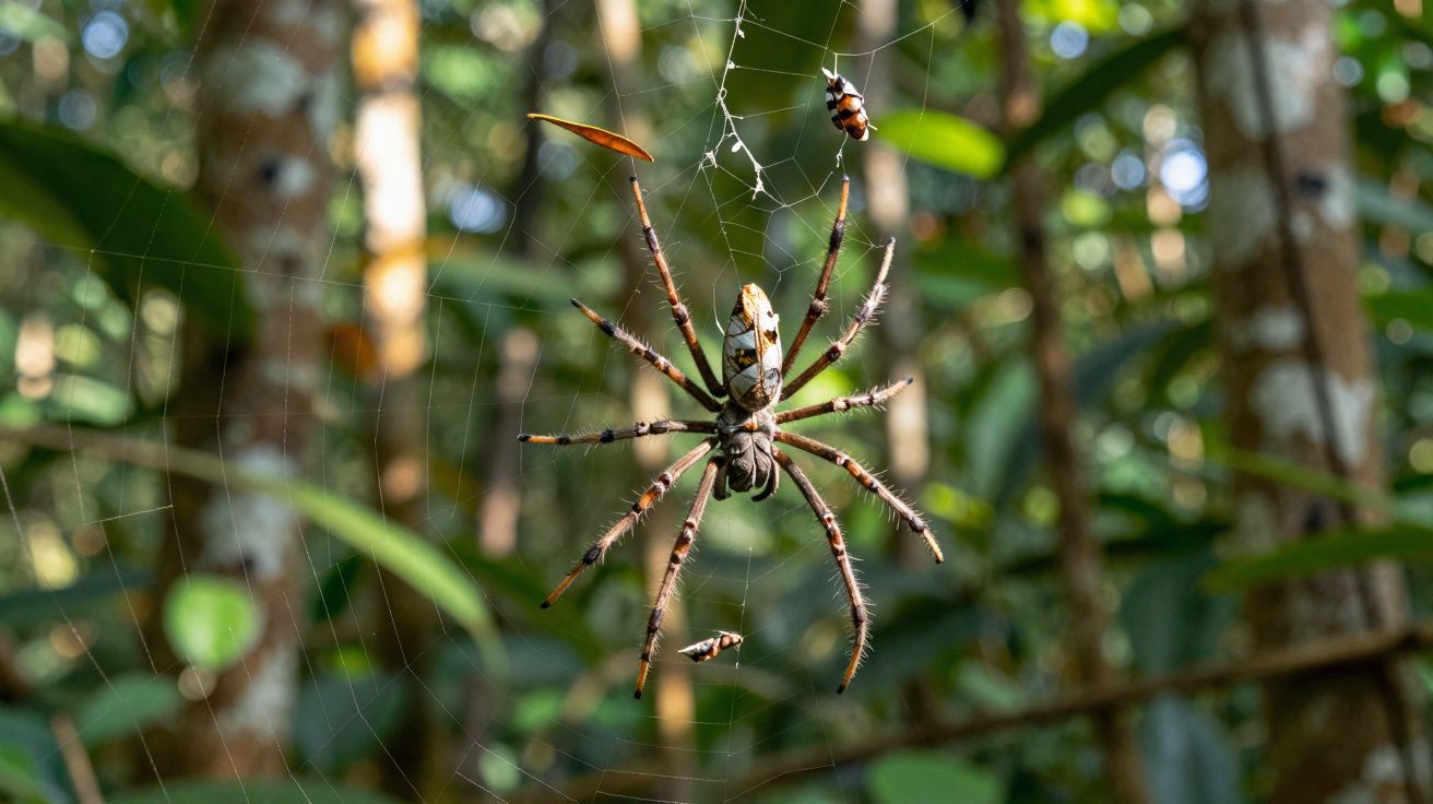 Aranha grande com padrão branco em teia suspensa na floresta, com insetos presos na teia.