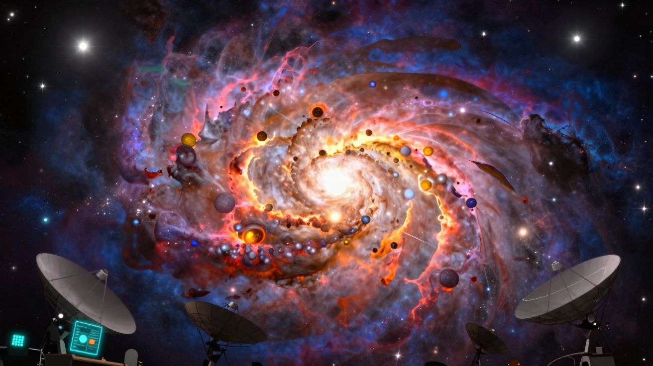 Telescópios a observar uma galáxia espiral brilhante com planetas e estrelas ao redor no espaço.