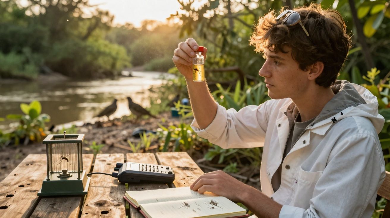 Jovem cientista analisa amostra de insetos junto a um lago numa mesa de madeira ao pôr do sol.
