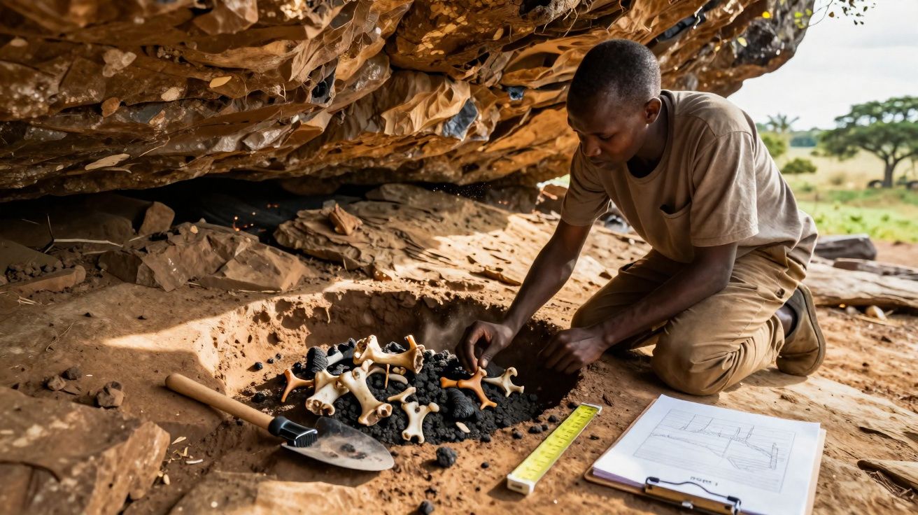 Arqueólogo escava ossos fósseis numa cova perto de rochas, com ferramentas e desenhos ao lado.