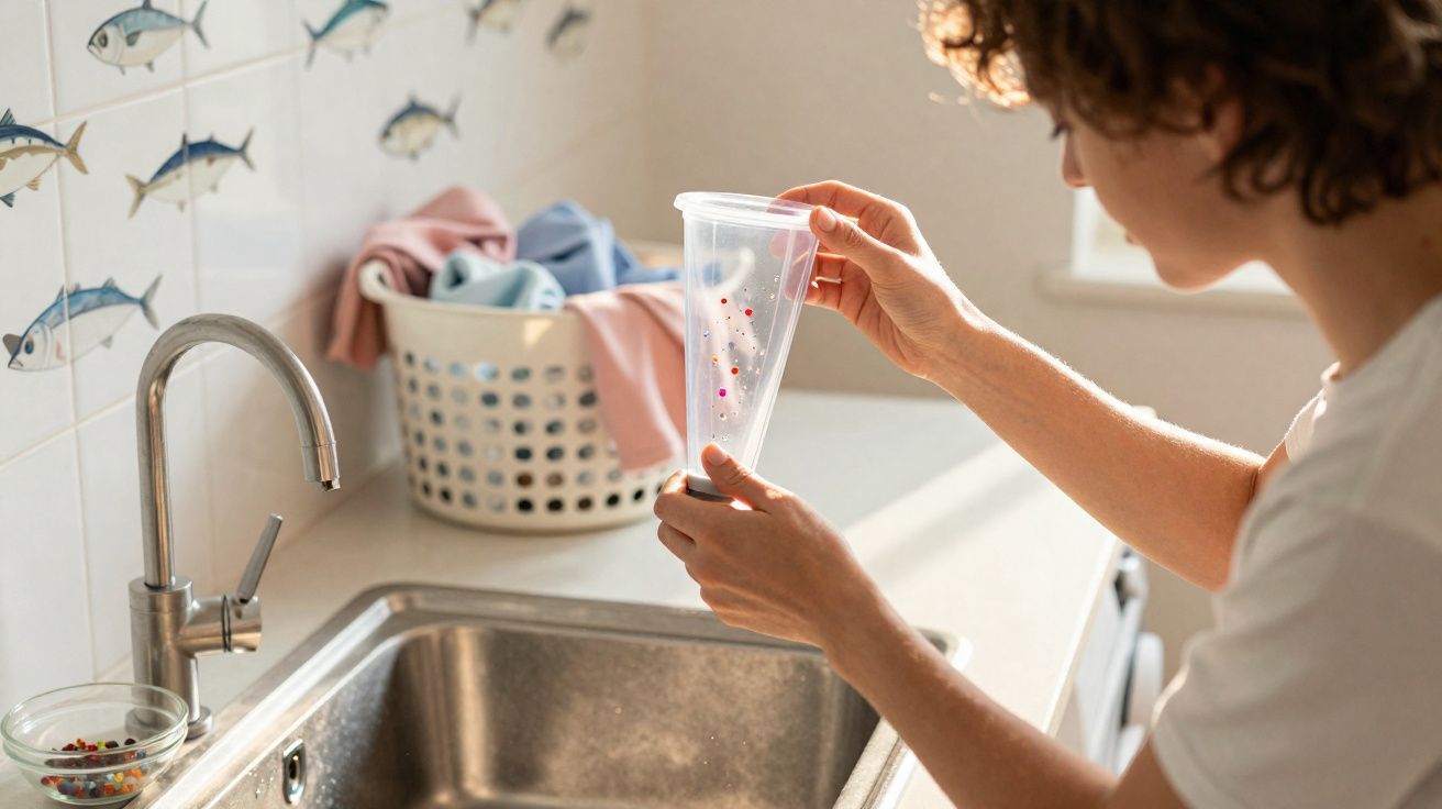 Pessoa segurando copo plástico transparente acima da pia numa cozinha iluminada com cesto de roupa ao fundo.