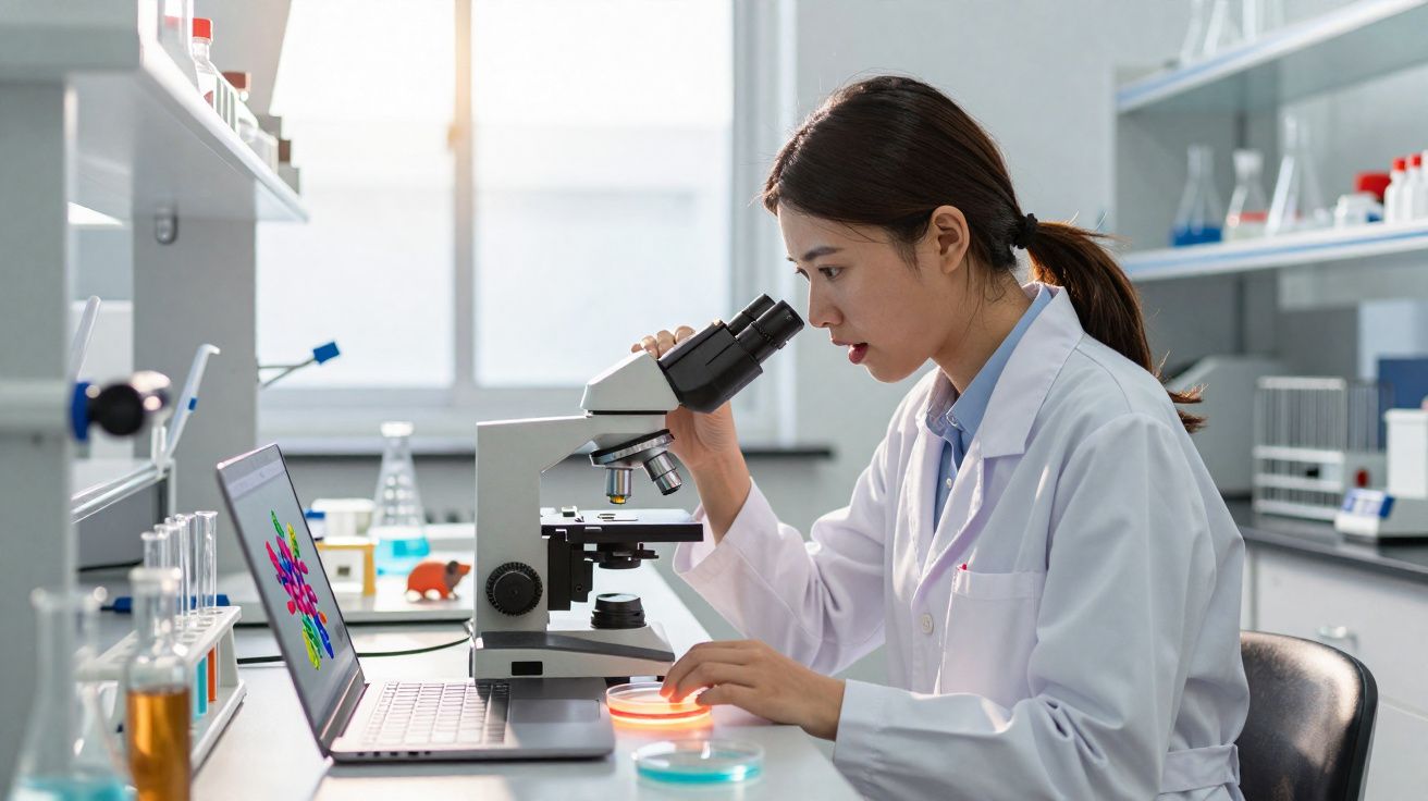 Mulher cientista a observar amostras em microscópio num laboratório moderno e equipado.