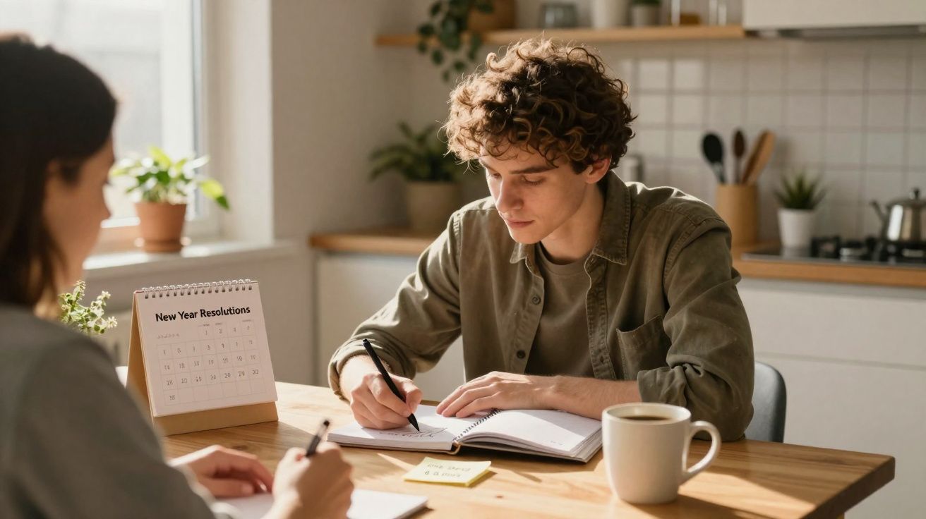 Jovem sentado a escrever num caderno numa cozinha, com calendário de resoluções de Ano Novo na mesa.