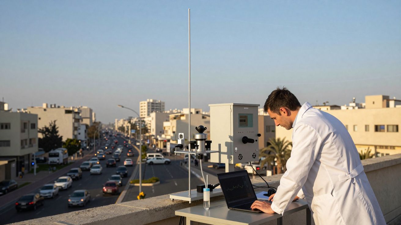 Homem de bata branca a trabalhar num portátil com sensores de monitorização do ar numa varanda urbana.