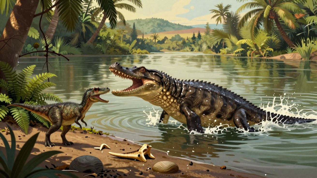 Jacaré grande a sair da água e dinossauro pequeno junto à margem de rio numa paisagem tropical.