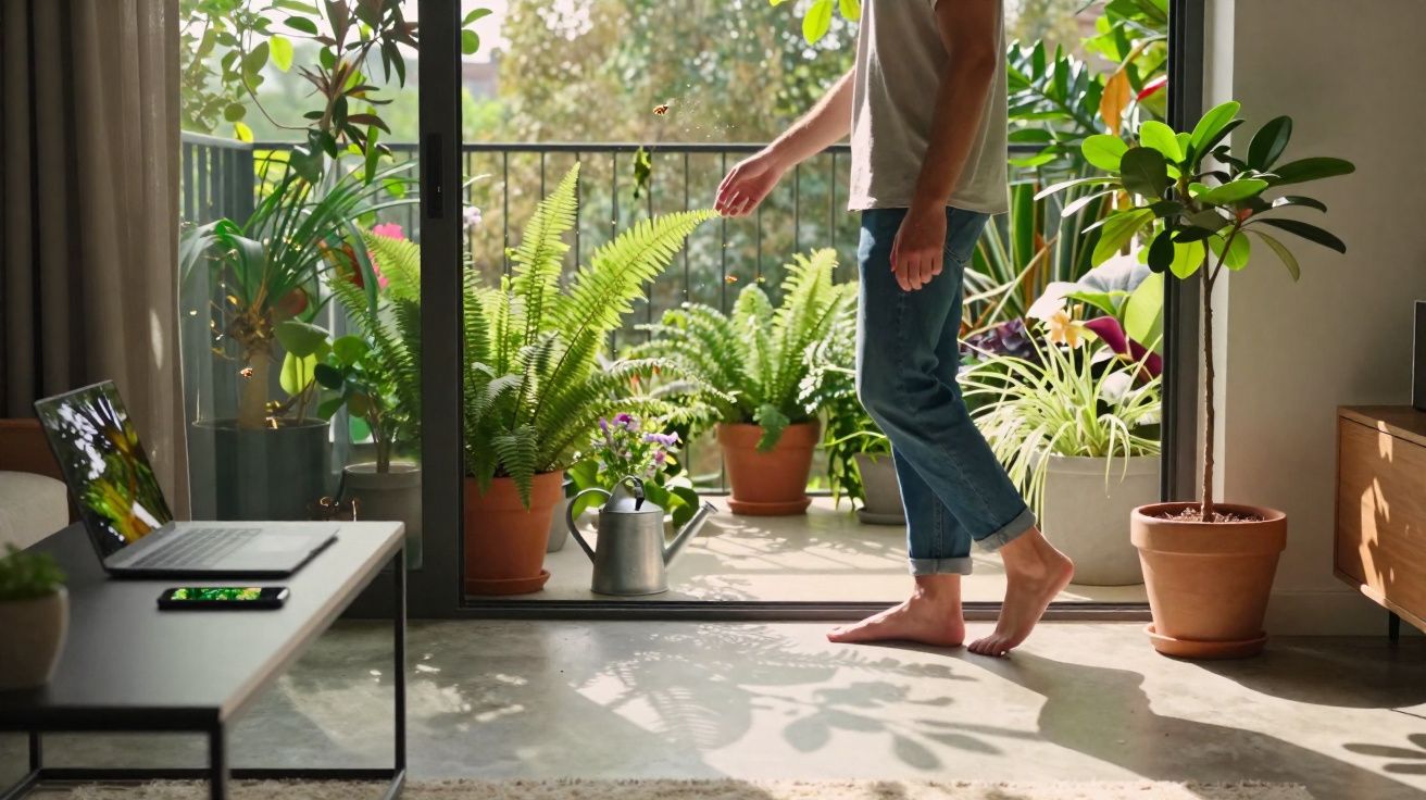Pessoa descalça no interior junto a porta aberta para varanda com várias plantas verdes em vasos.