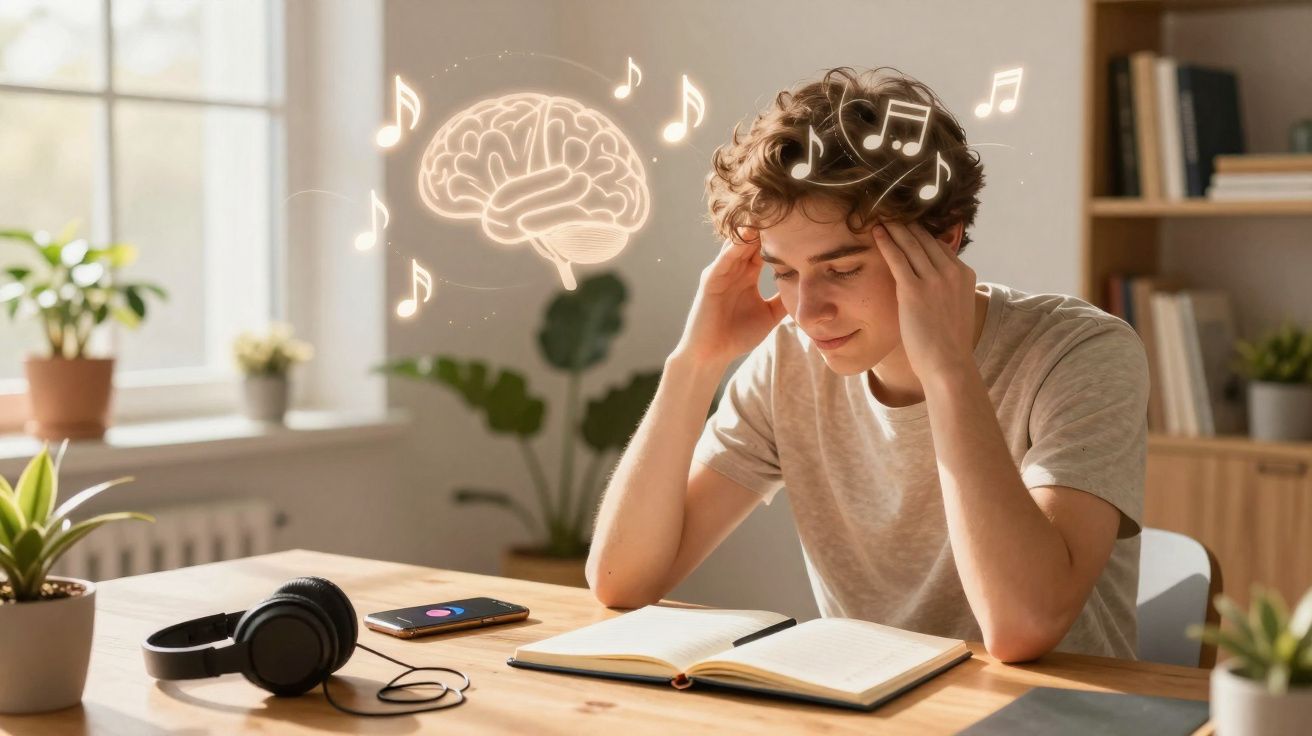 Jovem a estudar com música, simbolizado por notas musicais e cérebro iluminados ao seu redor.