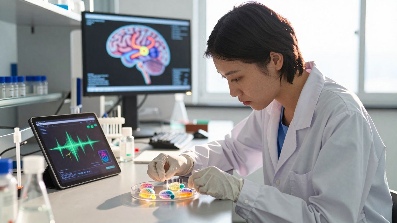 Cientista em laboratório a analisar cápsulas coloridas com imagens de cérebro em placas de Petri.