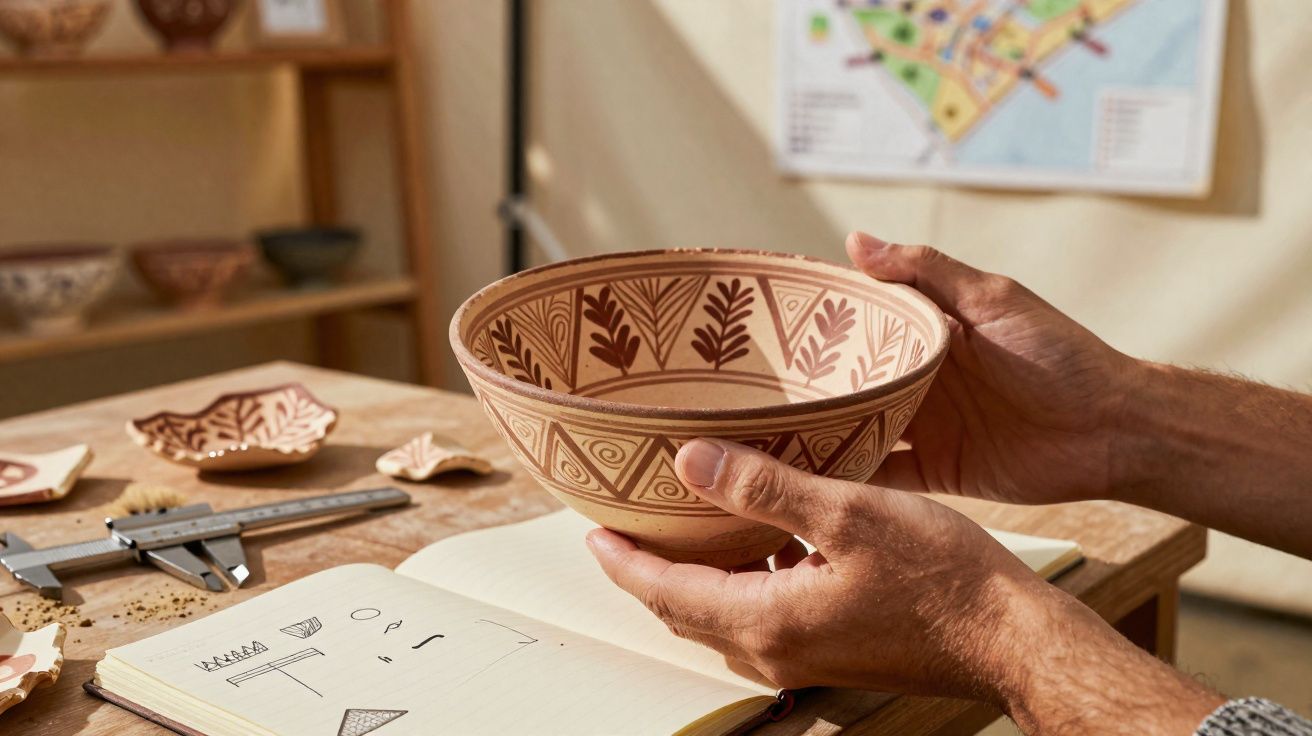 Pessoa segurando tigela de cerâmica decorada, com esboços e peças de cerâmica numa mesa de madeira.