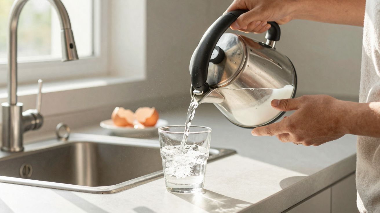 Pessoa a servir água de um bule metálico para um copo transparente numa cozinha iluminada por luz natural.
