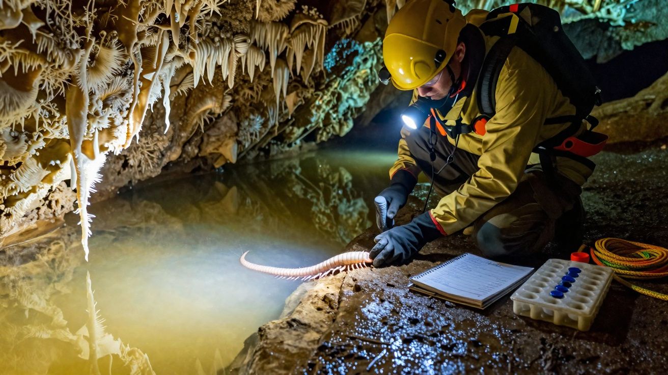 Explorador em caverna com capacete e luz examina animal aquático e anota dados junto a formações rochosas.
