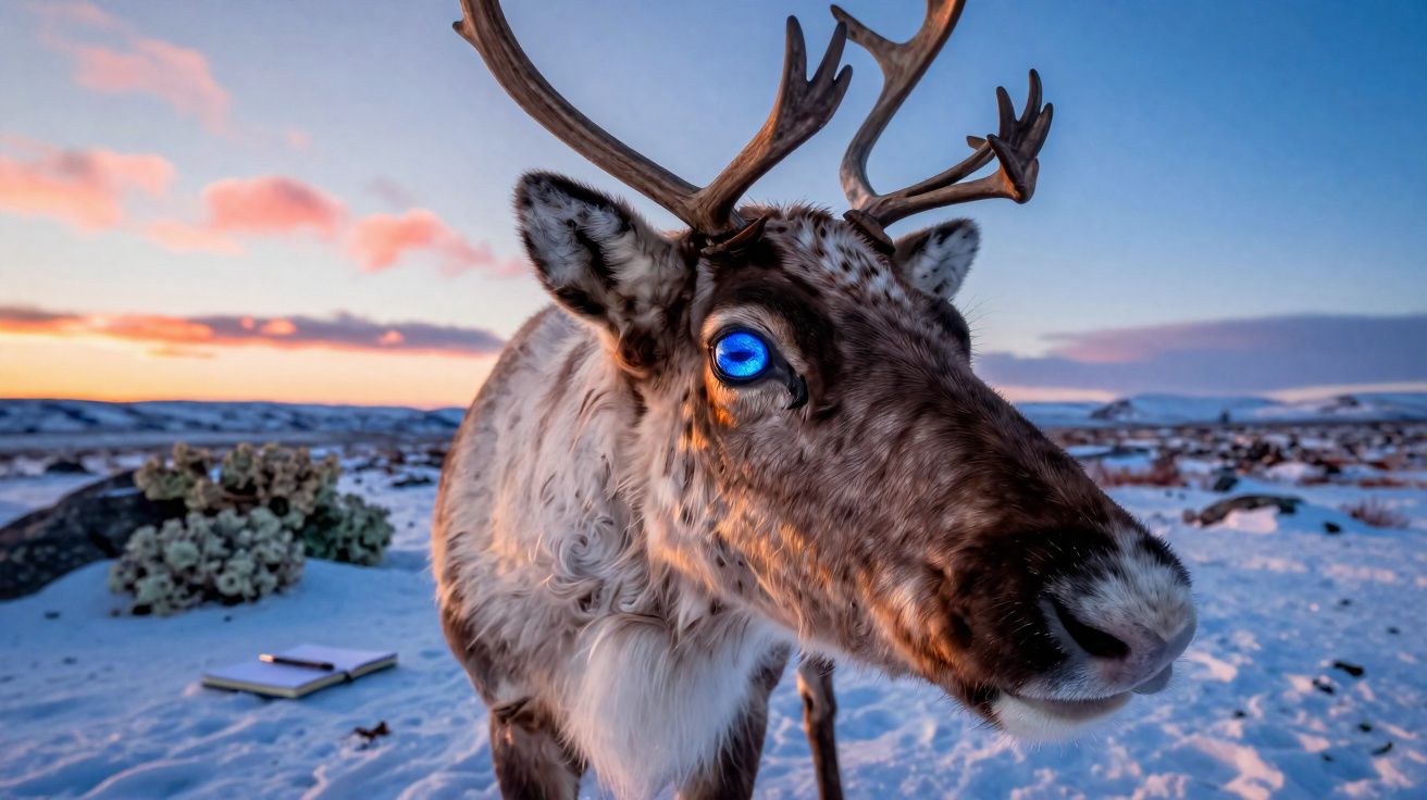 Rena com olhos brilhantes azul elétrico numa paisagem nevada ao pôr do sol.