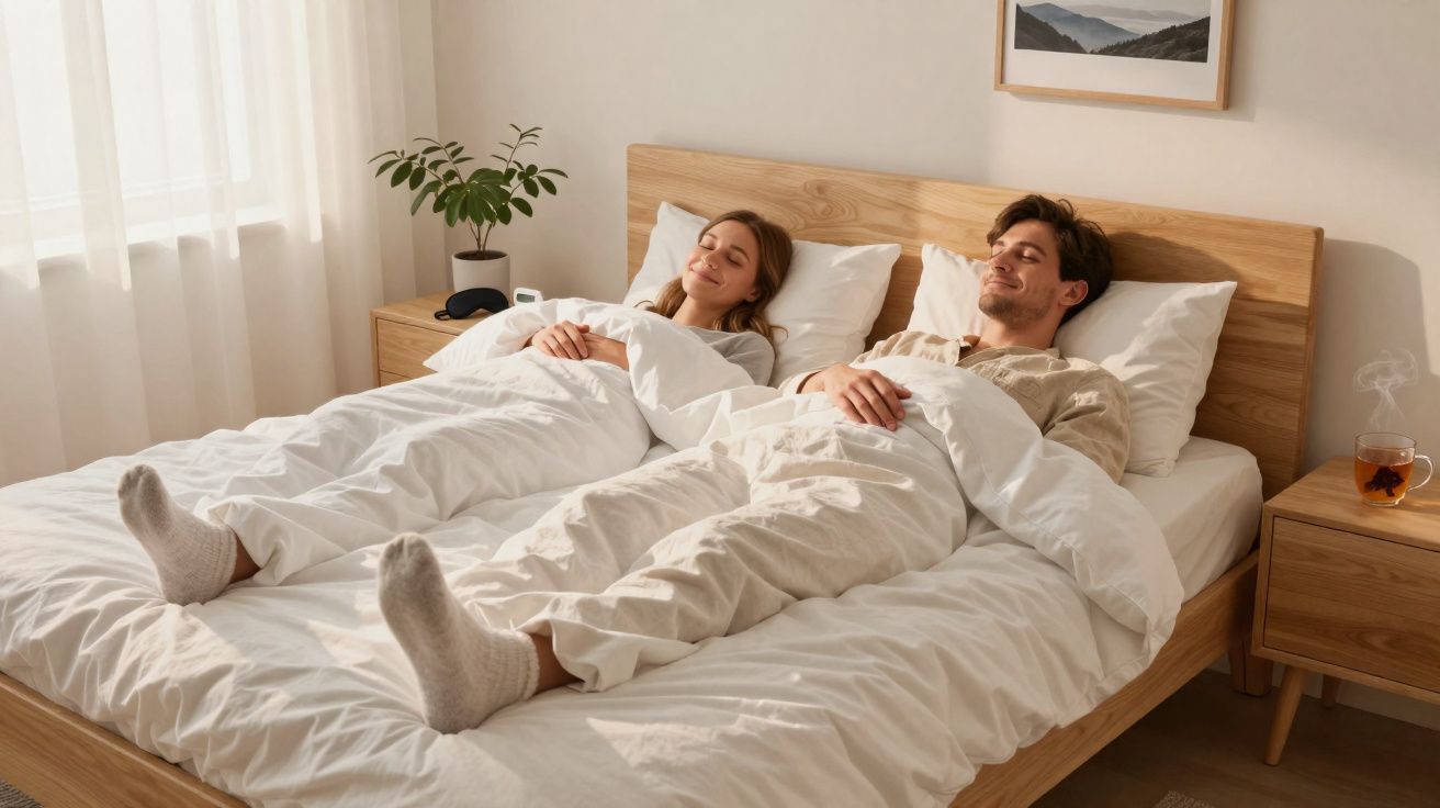 Casal a descansar de olhos fechados numa cama de madeira em quarto iluminado e minimalista.