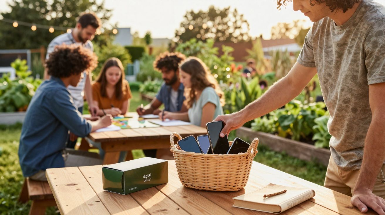 Pessoa a guardar telemóveis numa cesta, enquanto grupo trabalha numa mesa ao ar livre num jardim comunitário.