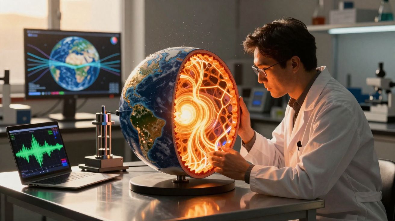 Homem de bata branca analisa modelo tridimensional do interior da Terra numa sala de laboratório.