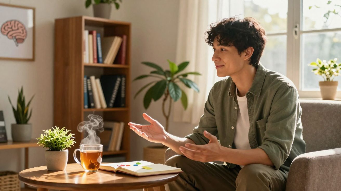 Jovem sentado no sofá a conversar, com chá quente e caderno numa mesa de madeira à sua frente.