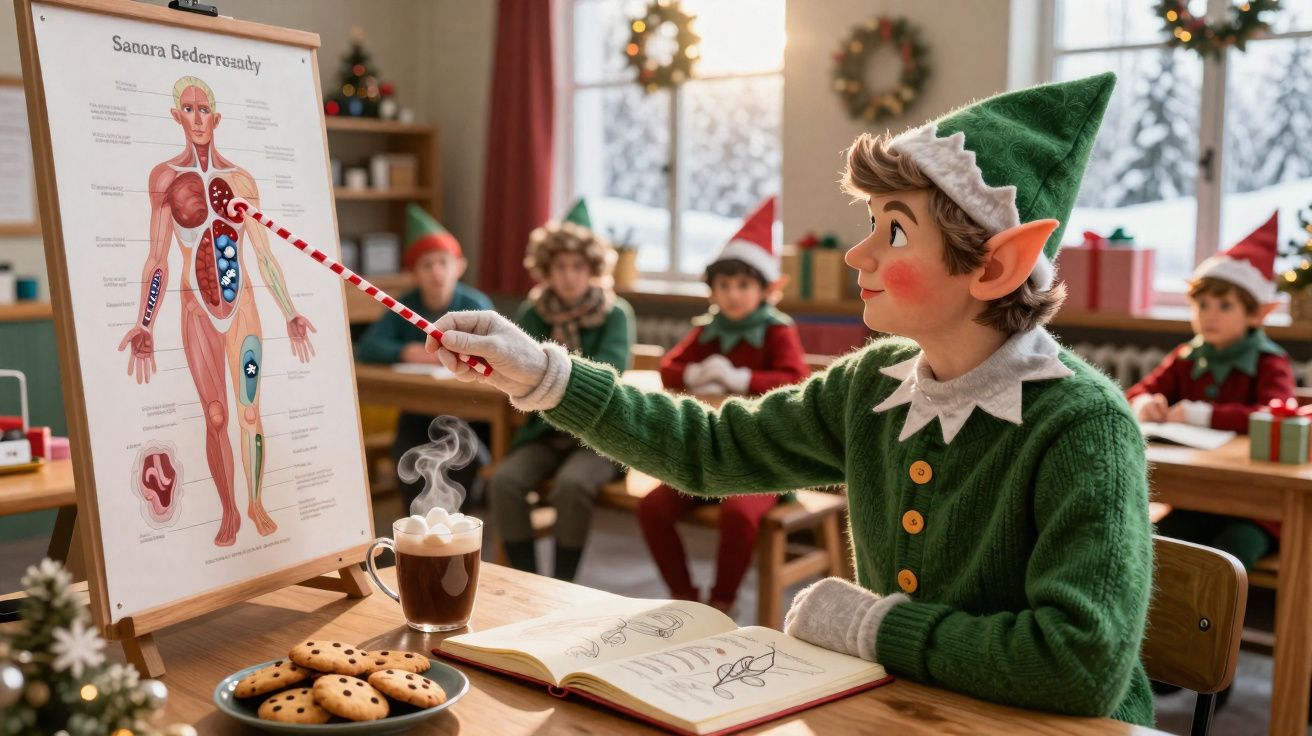 Elfo de Natal em sala de aula a apontar um gráfico anatómico com crianças ao fundo e lanche sobre a mesa.